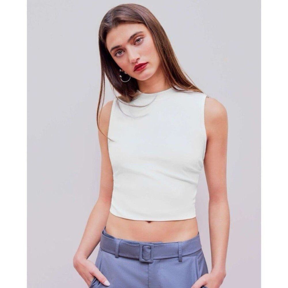 NEW Cider Women XS White Minimalist Solid Sleeveless Round Neck Ruched Crop Top